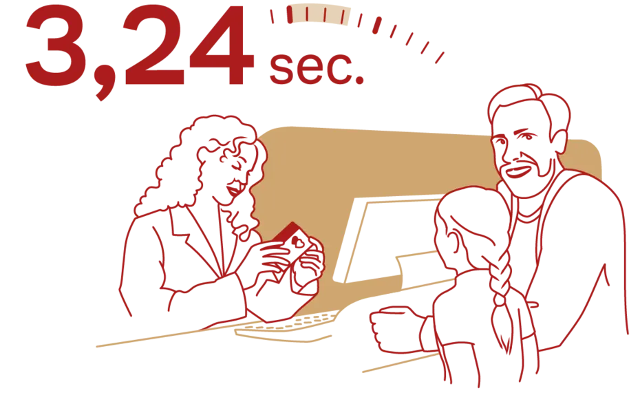 O femeie, îmbrăcată elegant, comunică cu un bărbat și un copil la un ghișeu. Deasupra, un cronometru indică "3,24 sec." cu un design grafic simplificat.